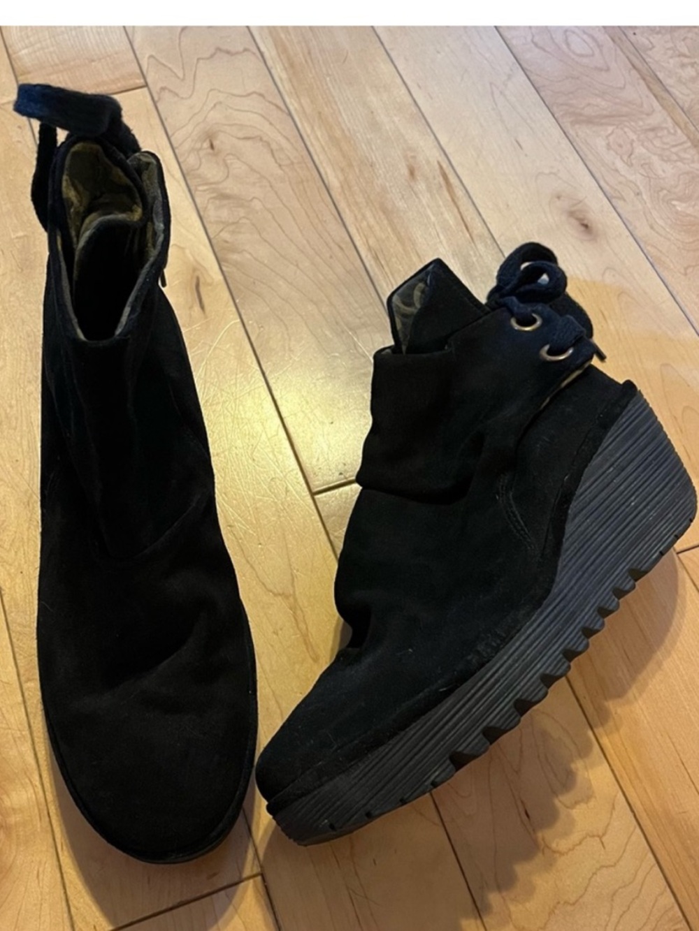 Fly London Black Suede Lace up the back Ankle booties size 42